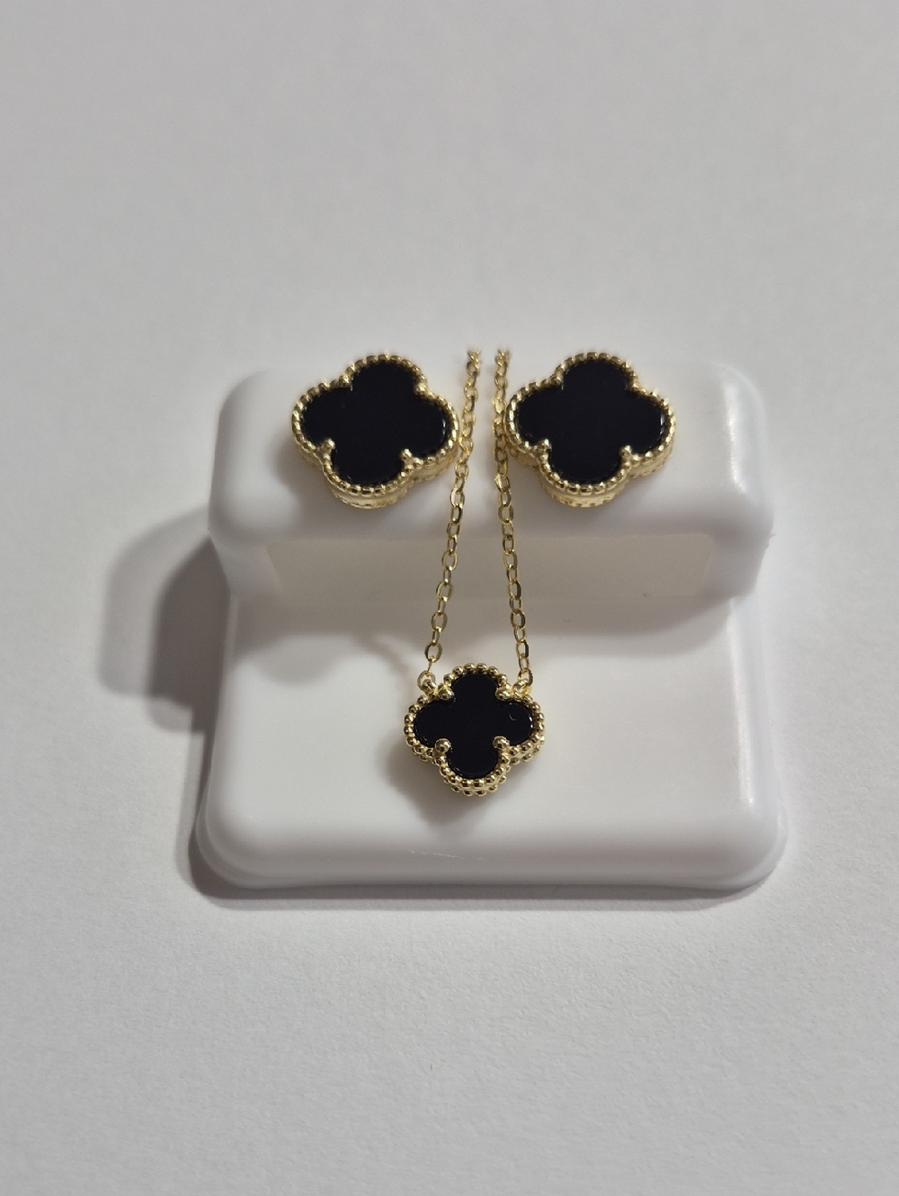 Gold Black Clover Pendant Necklace and Stud Earrings Set